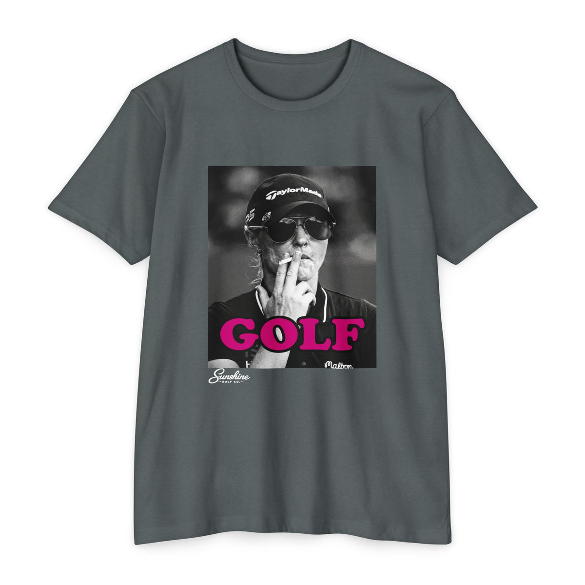 Golf smoker portrait T-Shirt | black & white photo, pink text