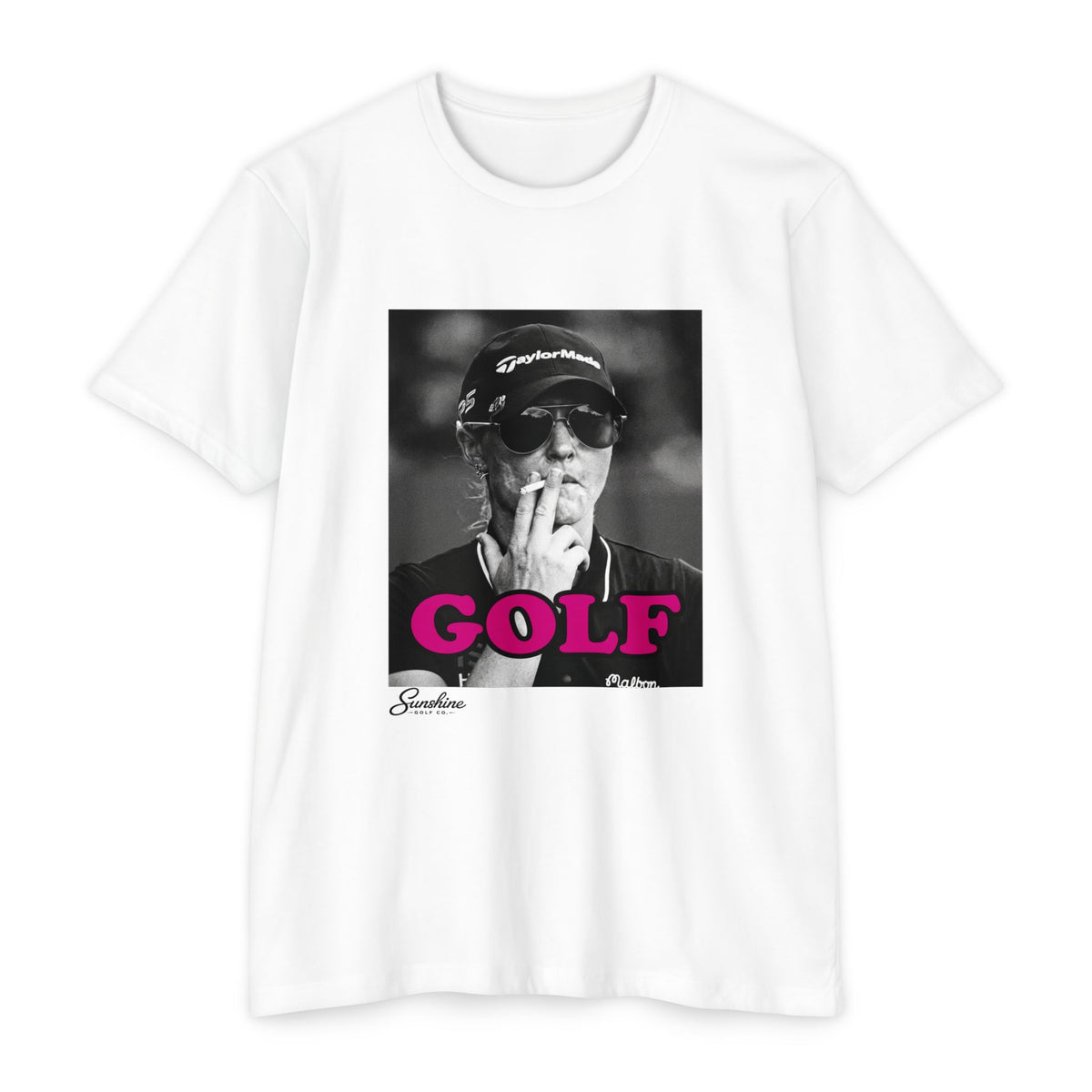 Golf smoker portrait T-Shirt | black & white photo, pink text