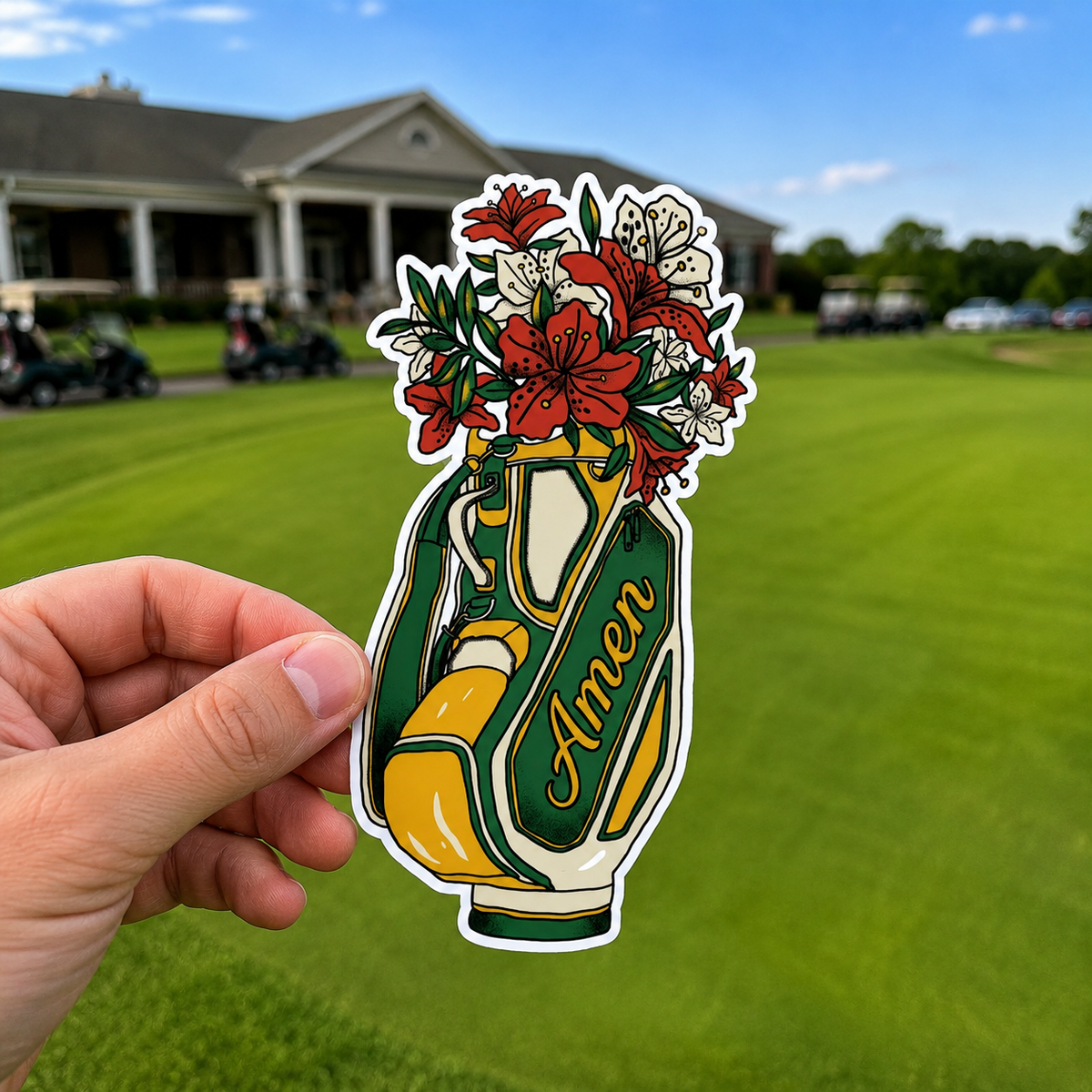Amen Golf Bag Sticker | Kiss-Cut Vinyl Sticker | Vintage Azalea Floral Golf Decal for Water Bottle, Laptop, Cart & Cooler | Gift for Golfer