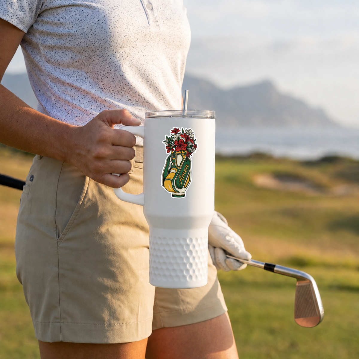 Amen Golf Bag Sticker | Kiss-Cut Vinyl Sticker | Vintage Azalea Floral Golf Decal for Water Bottle, Laptop, Cart & Cooler | Gift for Golfer