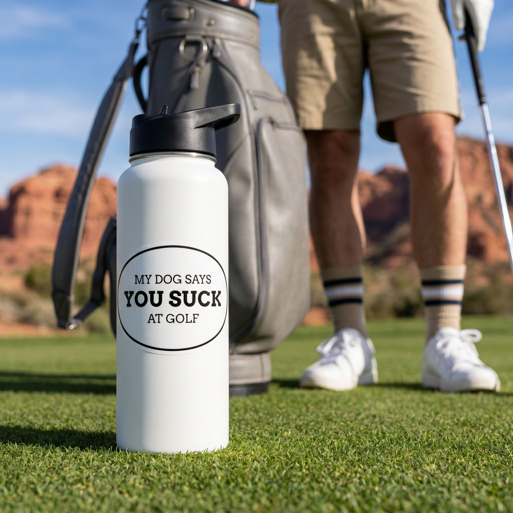 Funny Golf Sticker, My Dog Says You Suck at Golf, Weatherproof Vinyl Decal for Golf Cart Cooler Water Bottle, Golfer Gift, Dog Lover