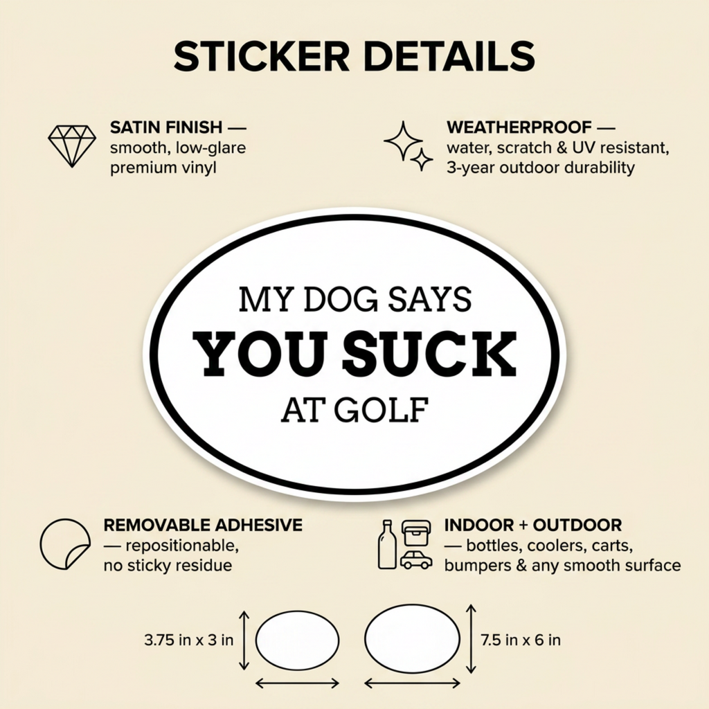 Funny Golf Sticker, My Dog Says You Suck at Golf, Weatherproof Vinyl Decal for Golf Cart Cooler Water Bottle, Golfer Gift, Dog Lover