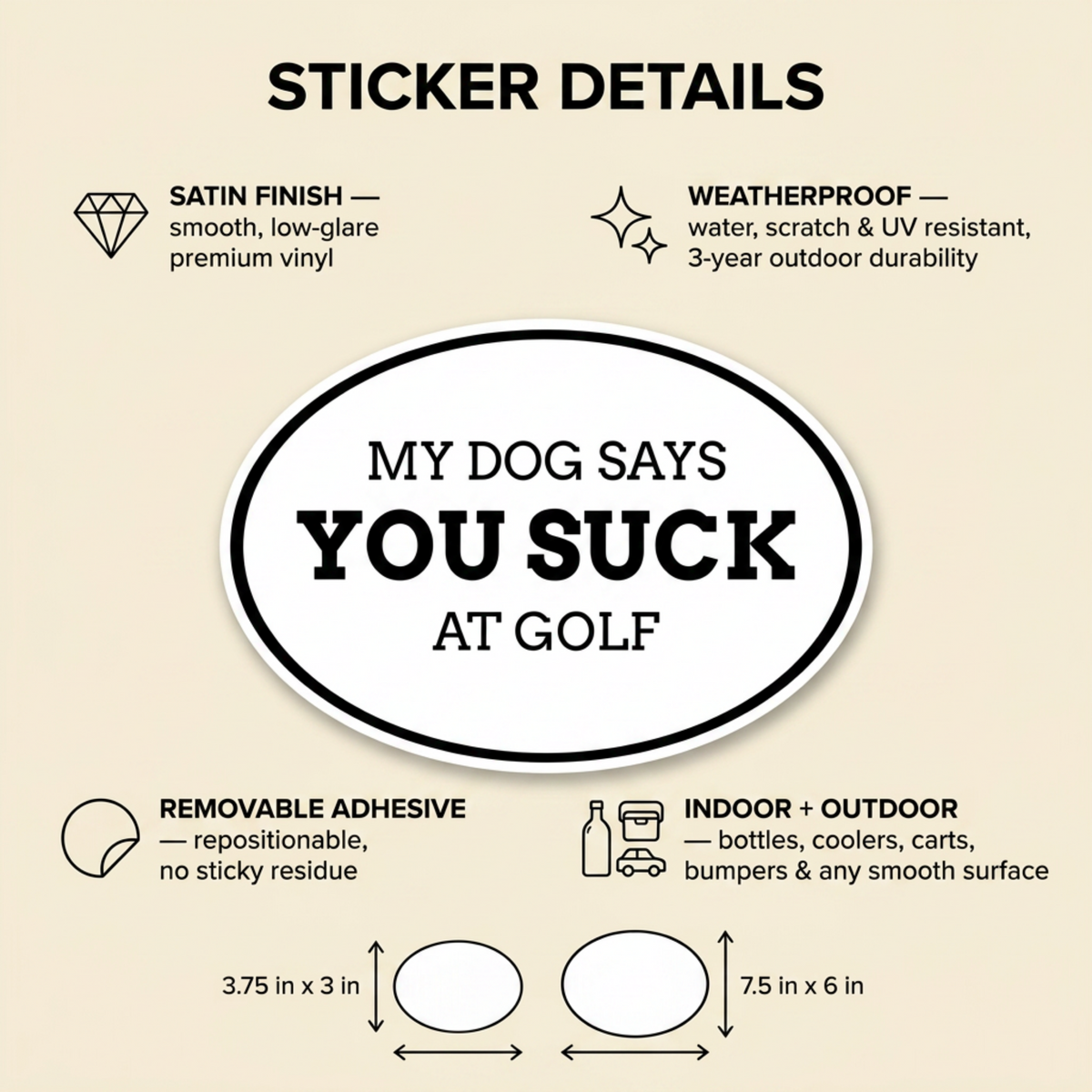 Funny Golf Sticker, My Dog Says You Suck at Golf, Weatherproof Vinyl Decal for Golf Cart Cooler Water Bottle, Golfer Gift, Dog Lover