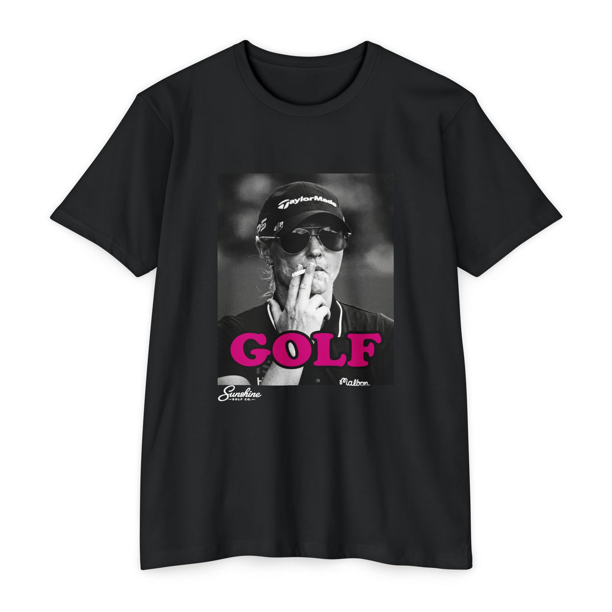 Golf smoker portrait T-Shirt | black & white photo, pink text